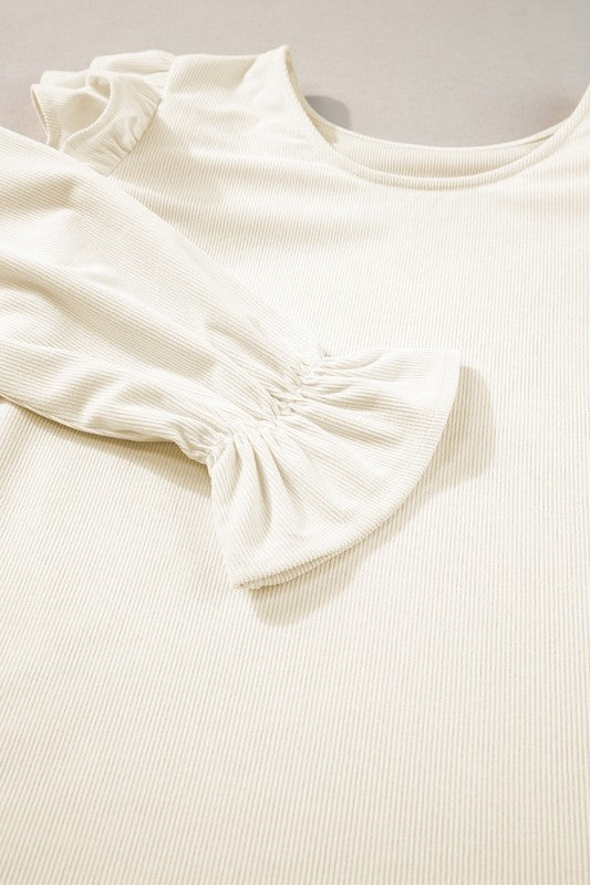 Corduroy Round Neck Ruffled Flounce Sleeve Blouse
