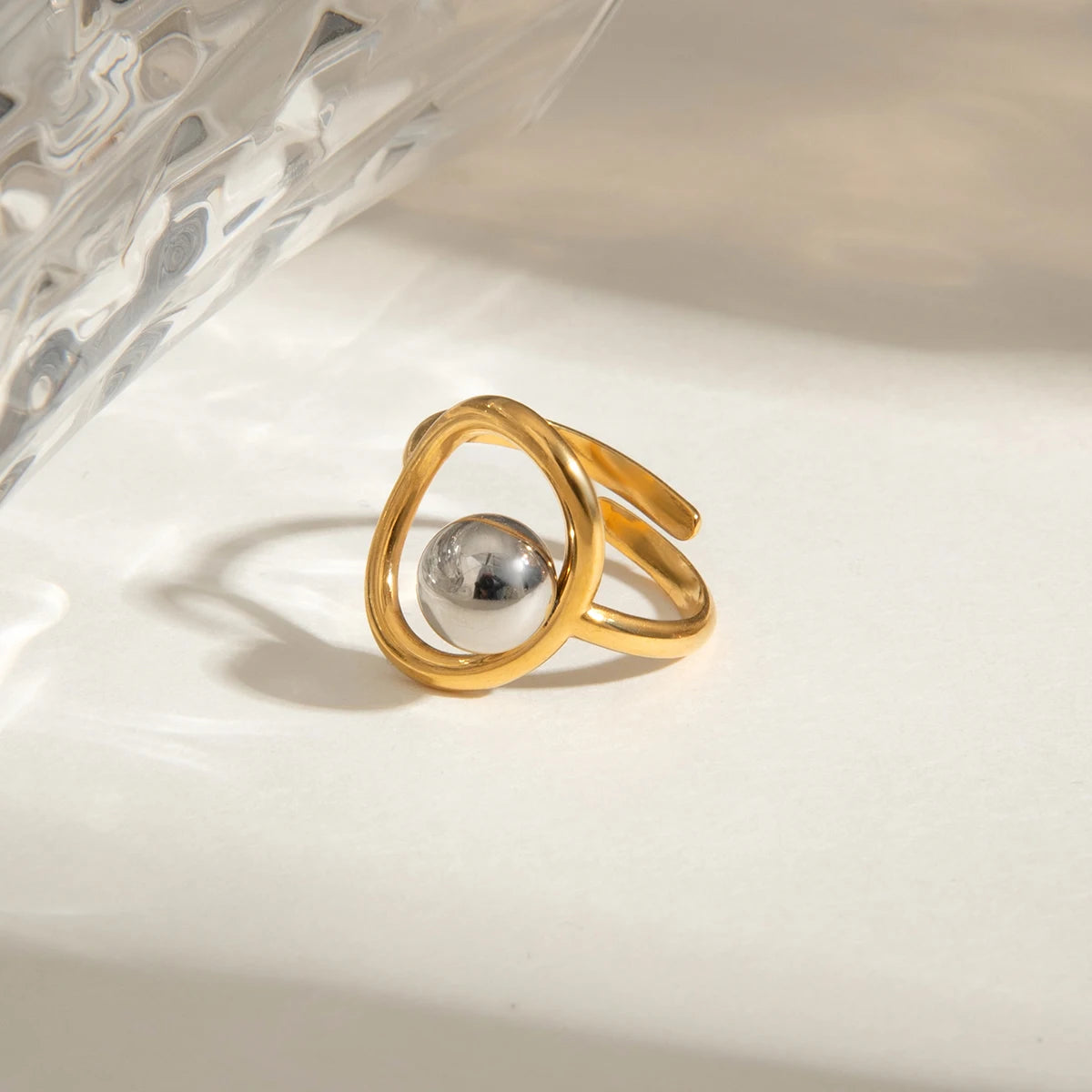 Elegant 18K Plated Gold Silver Steel Ball Ring