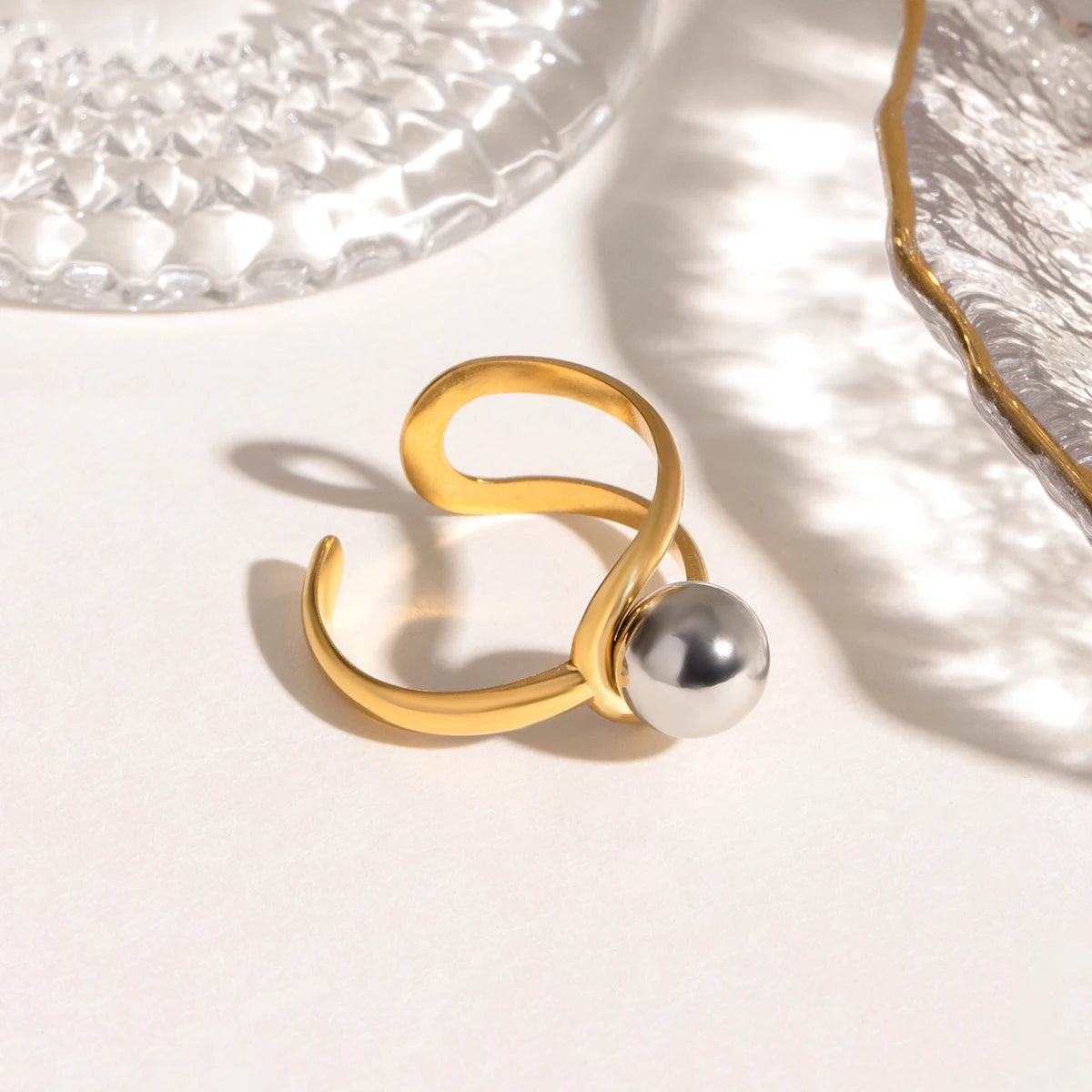 Elegant 18K Plated Gold Silver Steel Ball Opening Ring