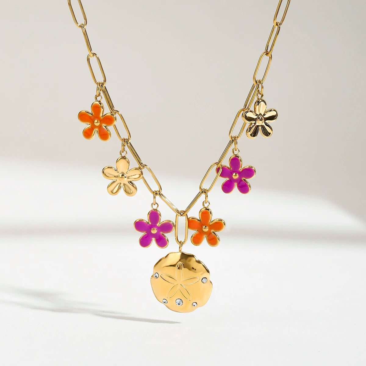 Multi-Pendant Floral Rhinestone Necklace 18K Gold-Plated