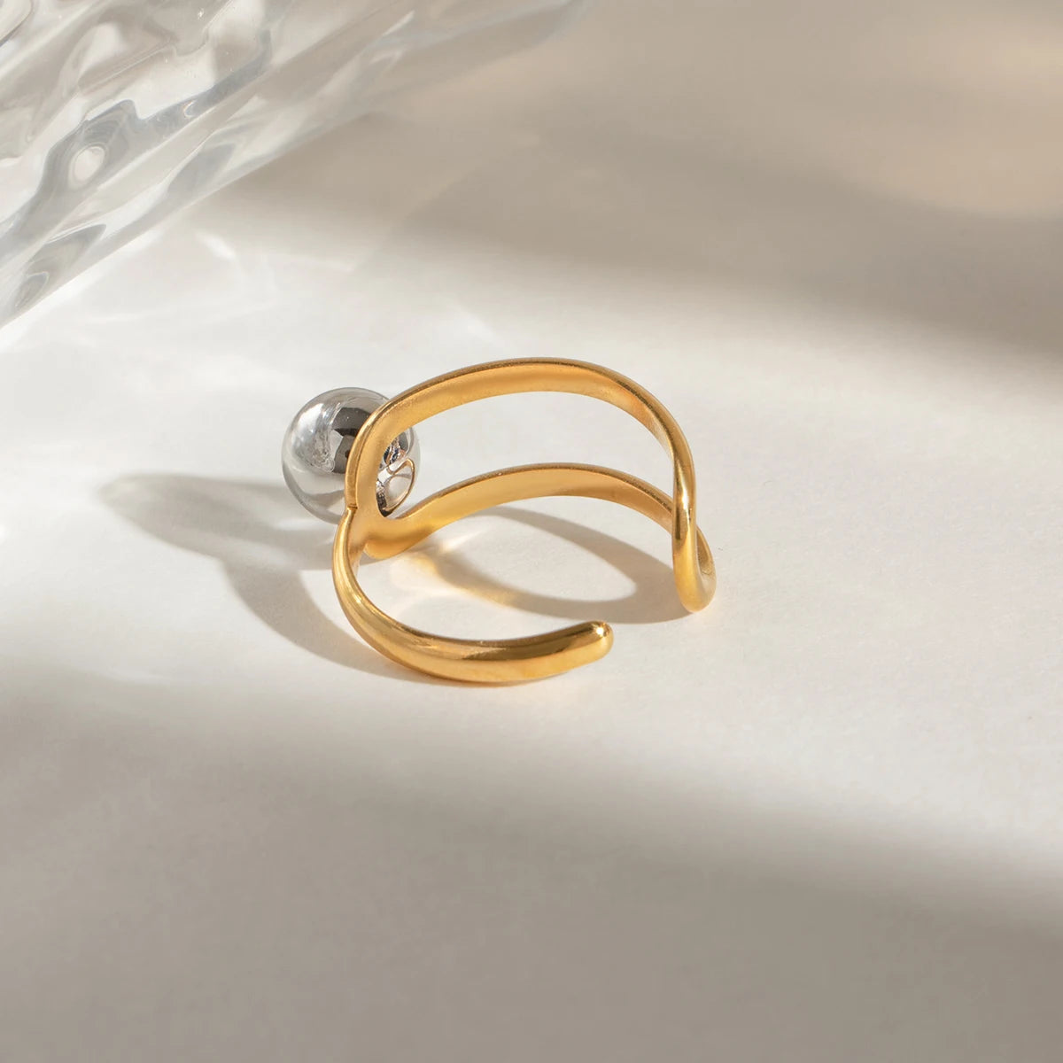 Elegant 18K Plated Gold Silver Steel Ball Opening Ring