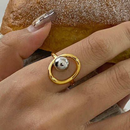 Elegant 18K Plated Gold Silver Steel Ball Ring