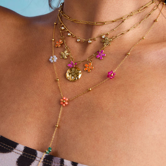 Multi-Pendant Floral Rhinestone Necklace 18K Gold-Plated