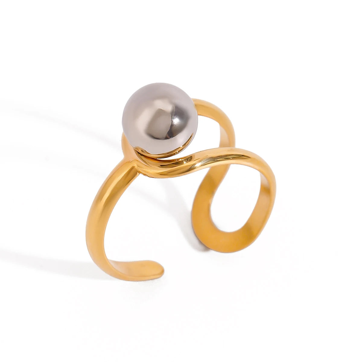 Elegant 18K Plated Gold Silver Steel Ball Opening Ring