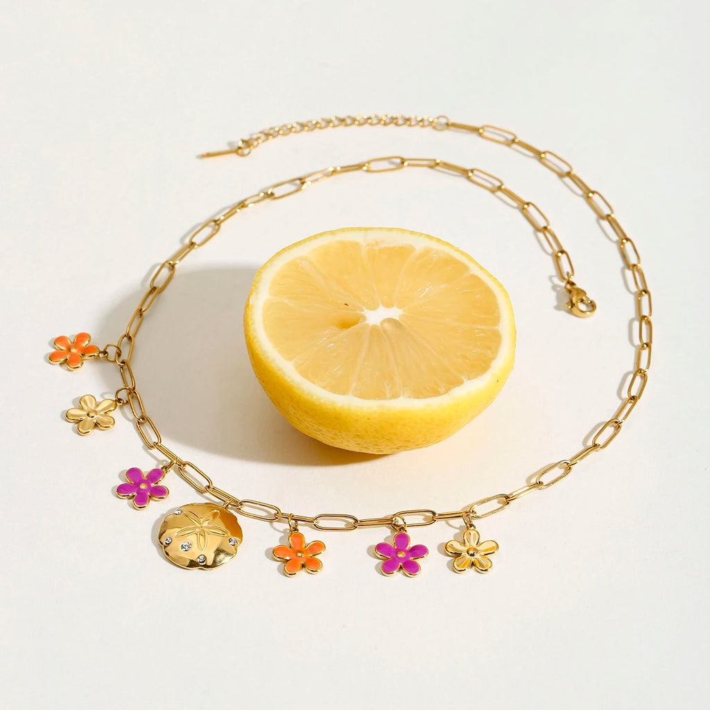 Multi-Pendant Floral Rhinestone Necklace 18K Gold-Plated
