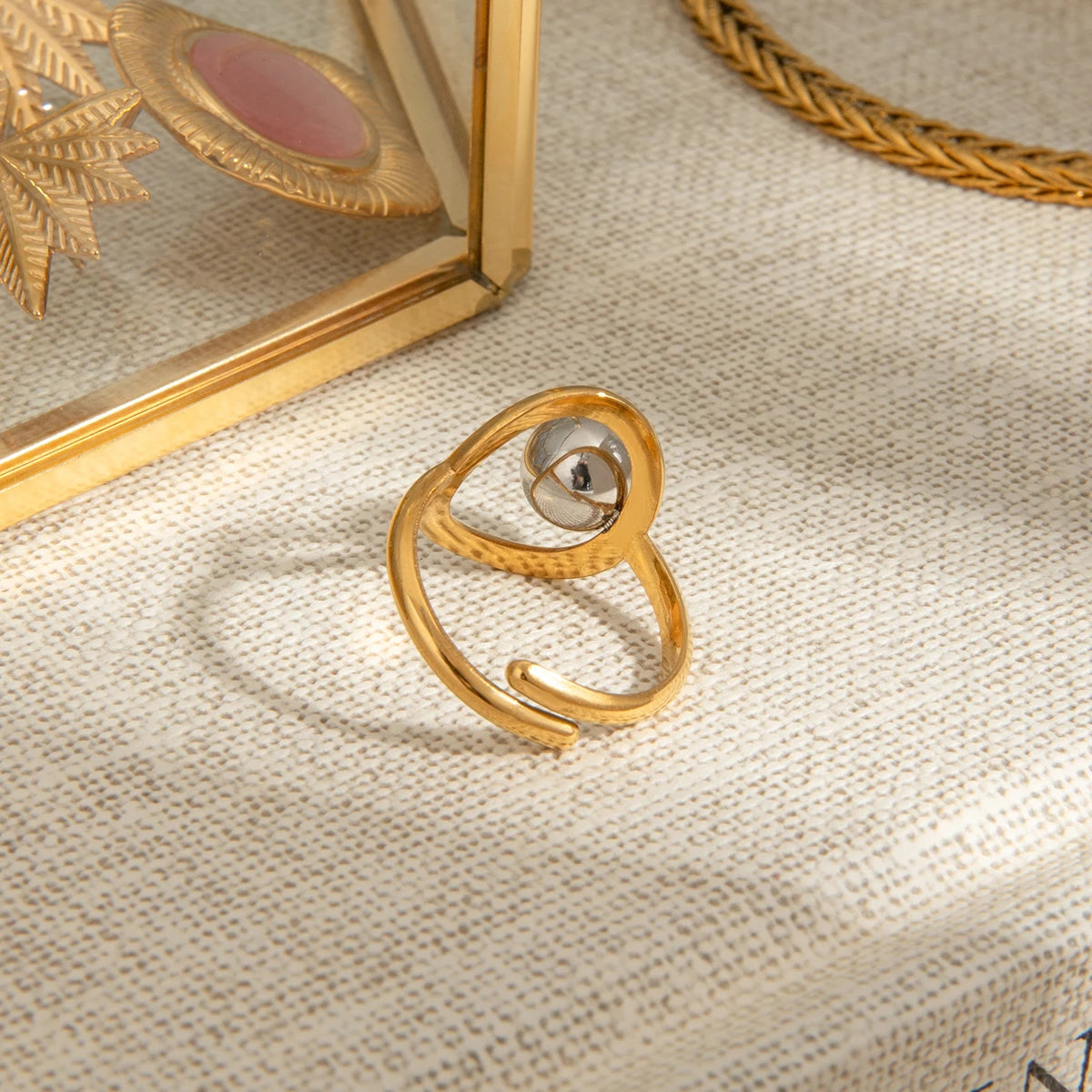 Elegant 18K Plated Gold Silver Steel Ball Ring