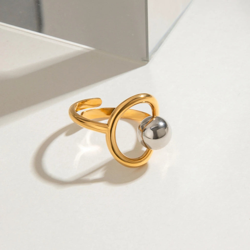 Elegant 18K Plated Gold Silver Steel Ball Ring
