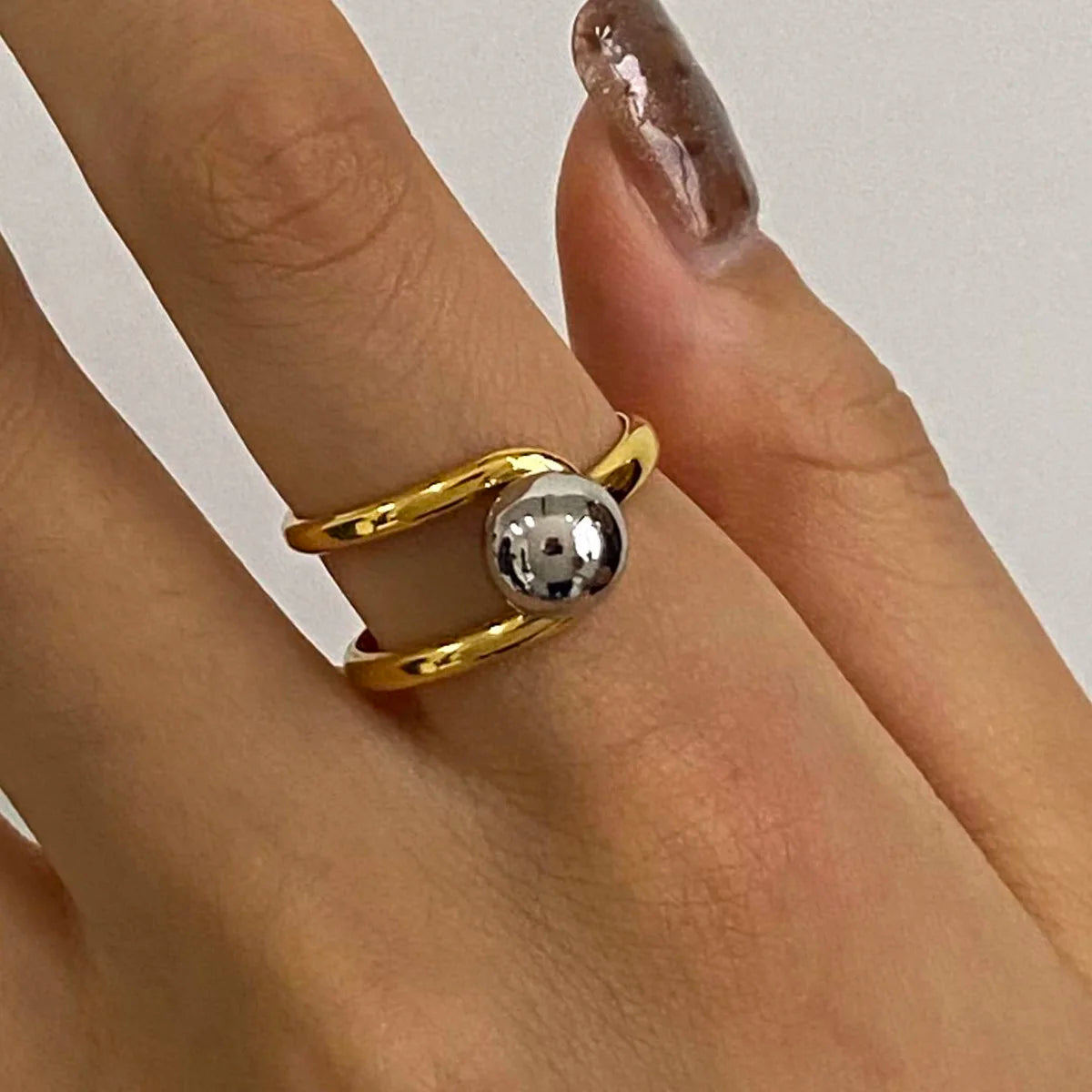 Elegant 18K Plated Gold Silver Steel Ball Opening Ring