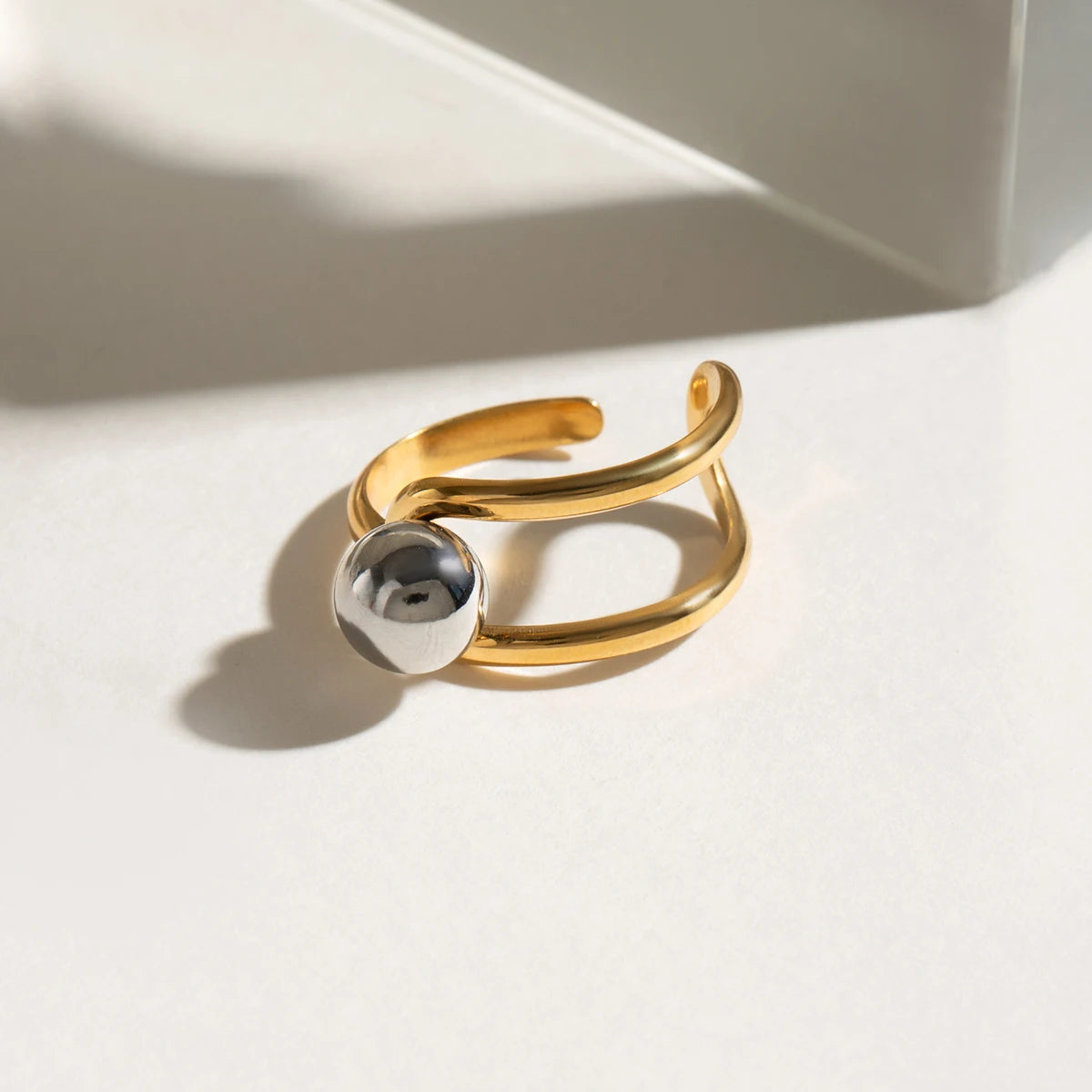 Elegant 18K Plated Gold Silver Steel Ball Opening Ring
