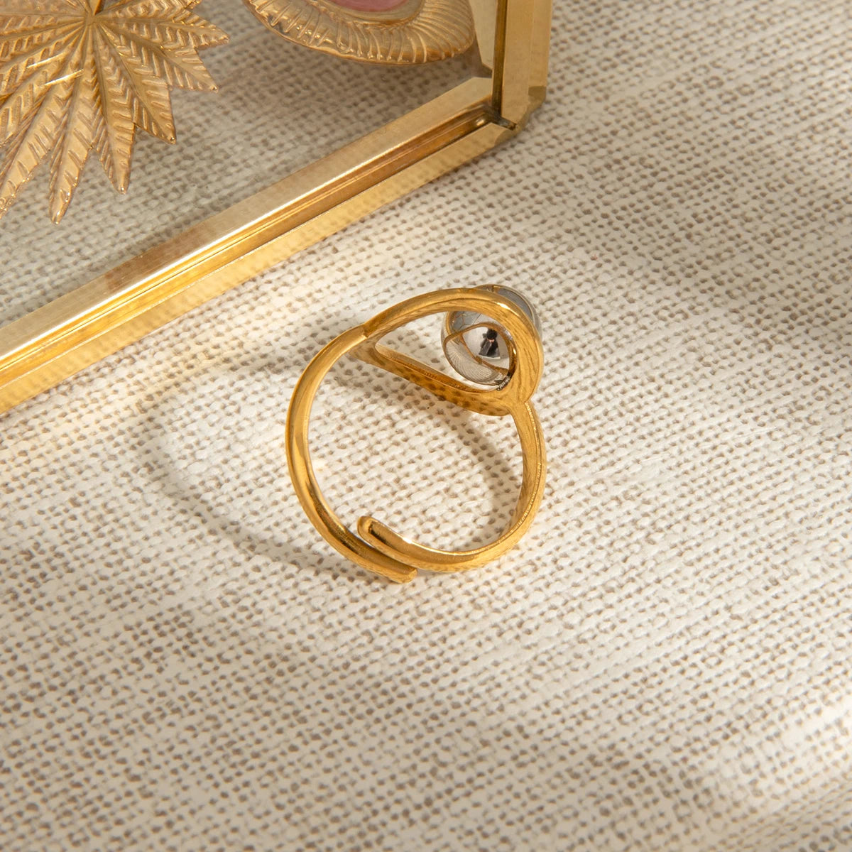 Elegant 18K Plated Gold Silver Steel Ball Ring