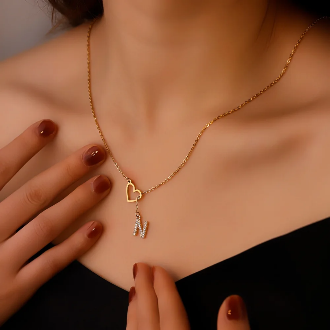 Custom Initial Heart Necklace 18K Gold Plated Style CR03